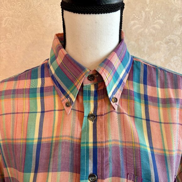 Super Thin Summer Weight 80s Pink Large Format Plaid Button Shirt Large L - Picture 3 of 11